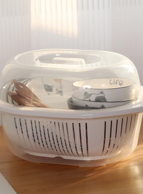 小户型碗碟收纳篮置物架带盖带接水盆3合1餐具沥水篮配菜盆洗菜篮