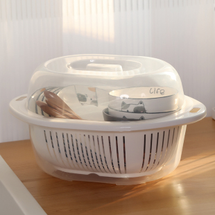 小户型碗碟收纳篮置物架带盖带接水盆3合1餐具沥水篮配菜盆洗菜篮