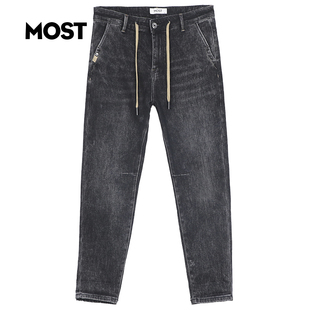 MOST男装牛仔磨白抽绳加绒牛仔长裤冬季新款C110203030