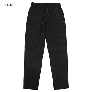 most漠士男装夏季新款条纹刺绣休闲裤男士潮牌抽绳韩版束腿裤微弹
