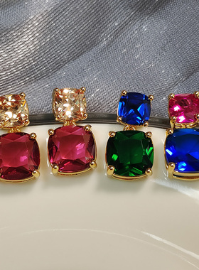 复古撞色超闪新年红色耳饰宝石方形耳钉女高级感方糖水晶锆石TARA
