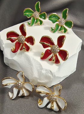 轻奢法式复古珐琅花朵耳饰女红色甜酷气质小众设计高级感满钻耳钉