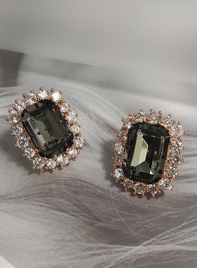 法式复古长方形灰色宝石名媛耳钉女韩国风耳饰潮高级质感925银针