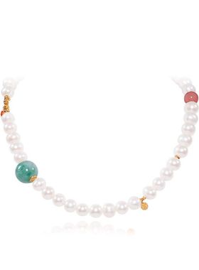 现货天然淡水珍珠项链女款S925银镀18K金翡翠锁骨链11mm源头工厂