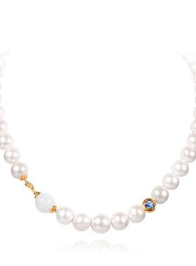 天然淡水珍珠项链女纯银珐琅珠白翡翠回纹珠轻奢毛衣链源头工厂