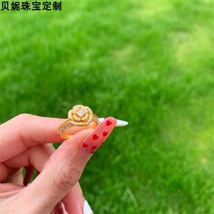 5G工艺999足金满钻玫瑰花黄金戒指莫桑钻固口10-20号简约ins风女