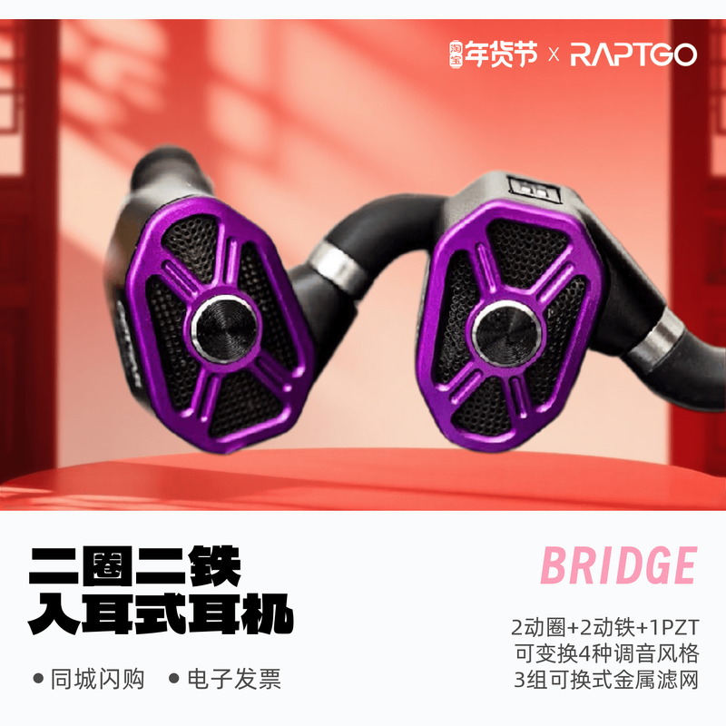 天键RAPTGO BRIDGE入耳式圈铁HIFI有线耳机可换插头平板耳机监听,影音电器,普通有线耳机,淘宝优惠券,粉丝福利购,淘宝优惠卷