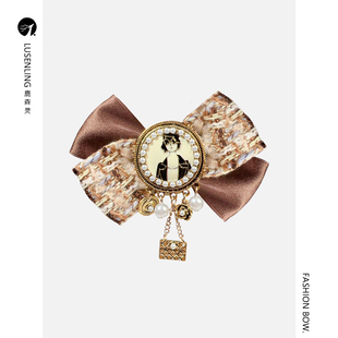 秋冬新款 棕咖啡色英伦风复古美人头中古vintage蝴蝶结大衣胸针女