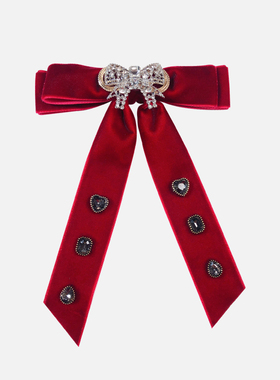新款婚礼法式复古领结女红色丝绒斜角水钻胸针衬衫飘带蝴蝶结装饰