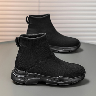 儿童高帮袜子鞋男童鞋全黑色中大童40码小女孩套脚网面运动休闲鞋