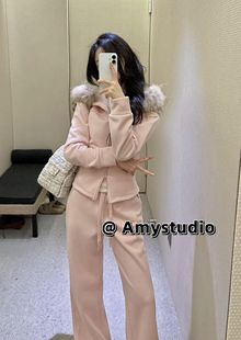 高腰宽松显瘦长裤 艾米AMY正品 上衣 长袖 两件套女302 真毛加绒修身