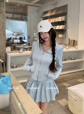 2026春季AMY艾米新款时尚休闲拉链连帽卫衣+高腰阔裙子两件套女