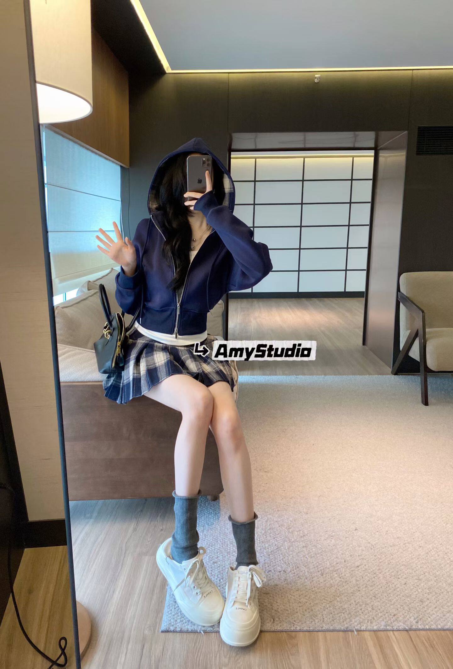 秋季美式辣妹时尚chicAMY高级感字母长袖卫衣宽松格子短裙三件套