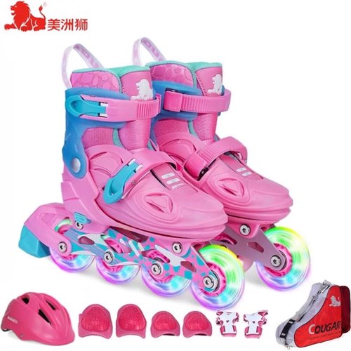 美洲狮溜冰鞋儿童套装闪光男女小孩3-6-12初学者专业直排轮滑旱冰