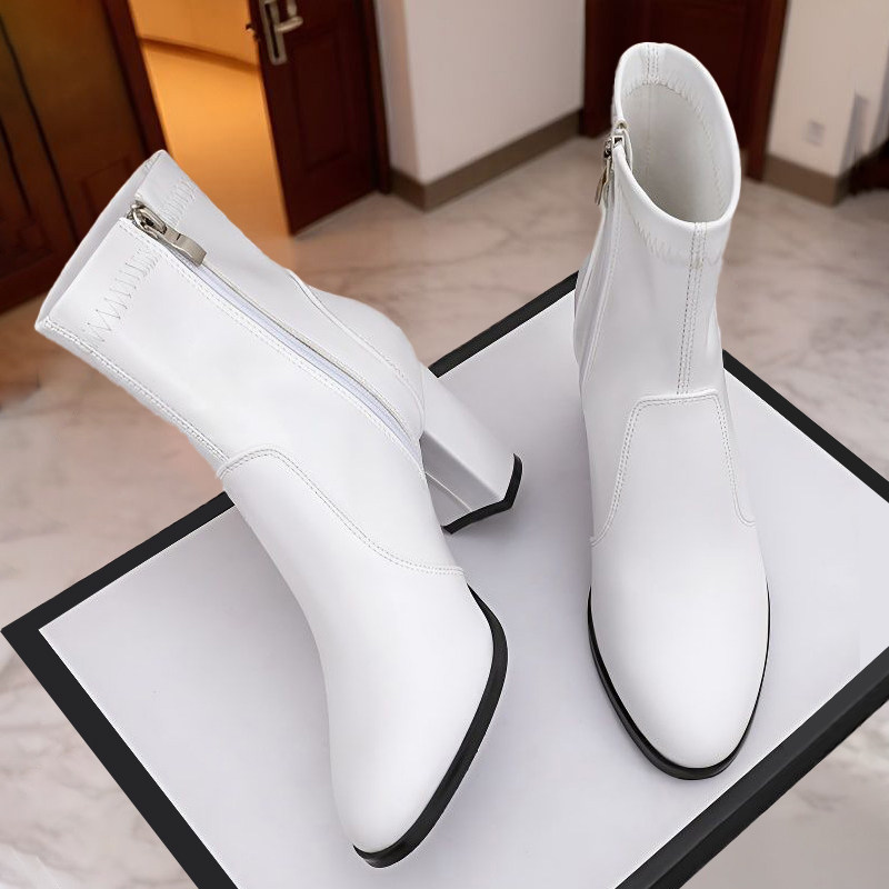 白色短靴女靴子2025新款粗跟高跟靴法式小短靴秋冬季高跟鞋女鞋子,女鞋,时装靴,淘宝优惠券,粉丝福利购,淘宝优惠卷