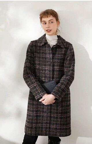 Miccbeirn秋冬新款女装格纹毛呢外套中长款羊毛圈圈呢子大衣女