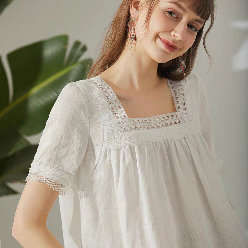 Miccbeirn亚麻娃娃衫女神简约仙女镂空设计t恤女宽松方领83245