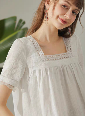 Miccbeirn亚麻娃娃衫女神简约仙女镂空设计t恤女宽松方领83245