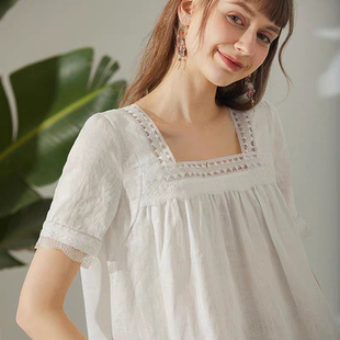 Miccbeirn亚麻娃娃衫女神简约仙女镂空设计t恤女宽松方领83245