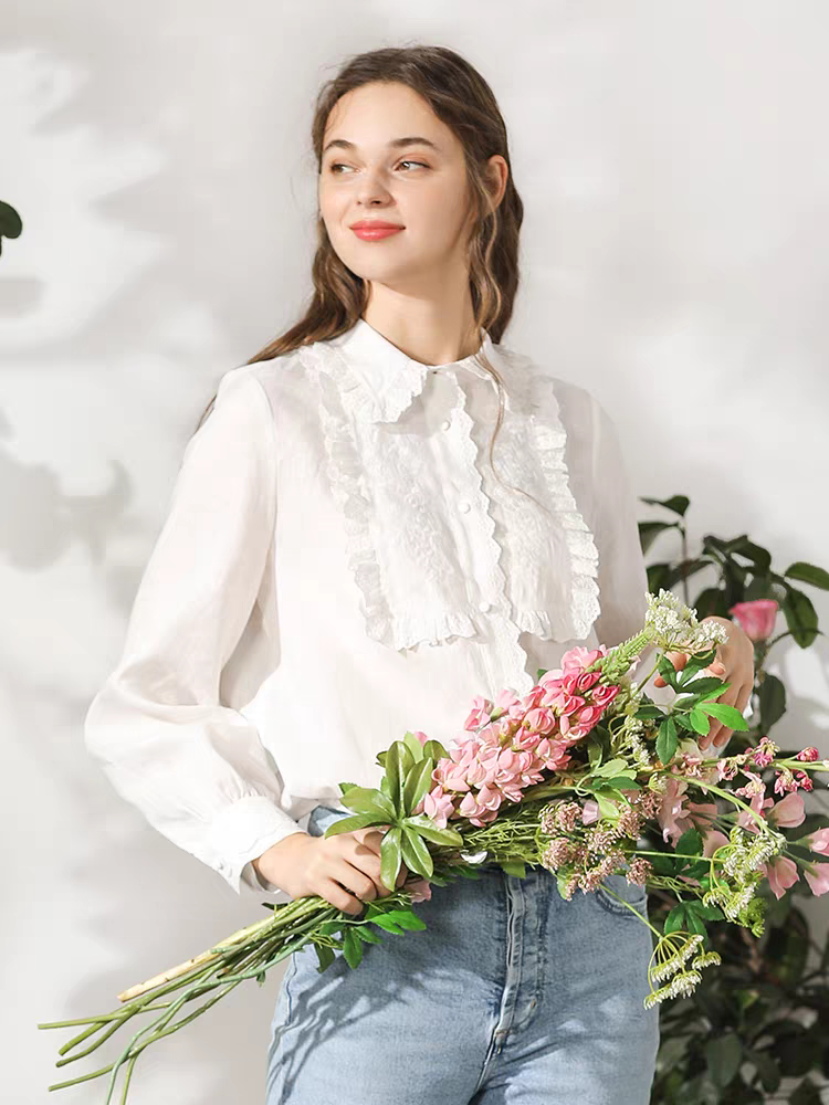 Miccbeirn 秋季新品女装木耳边领长袖亚麻衬衫2185210