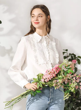 Miccbeirn 秋季新品女装木耳边领长袖亚麻衬衫2185210