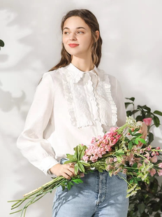 Miccbeirn 秋季新品女装木耳边领长袖亚麻衬衫2185210