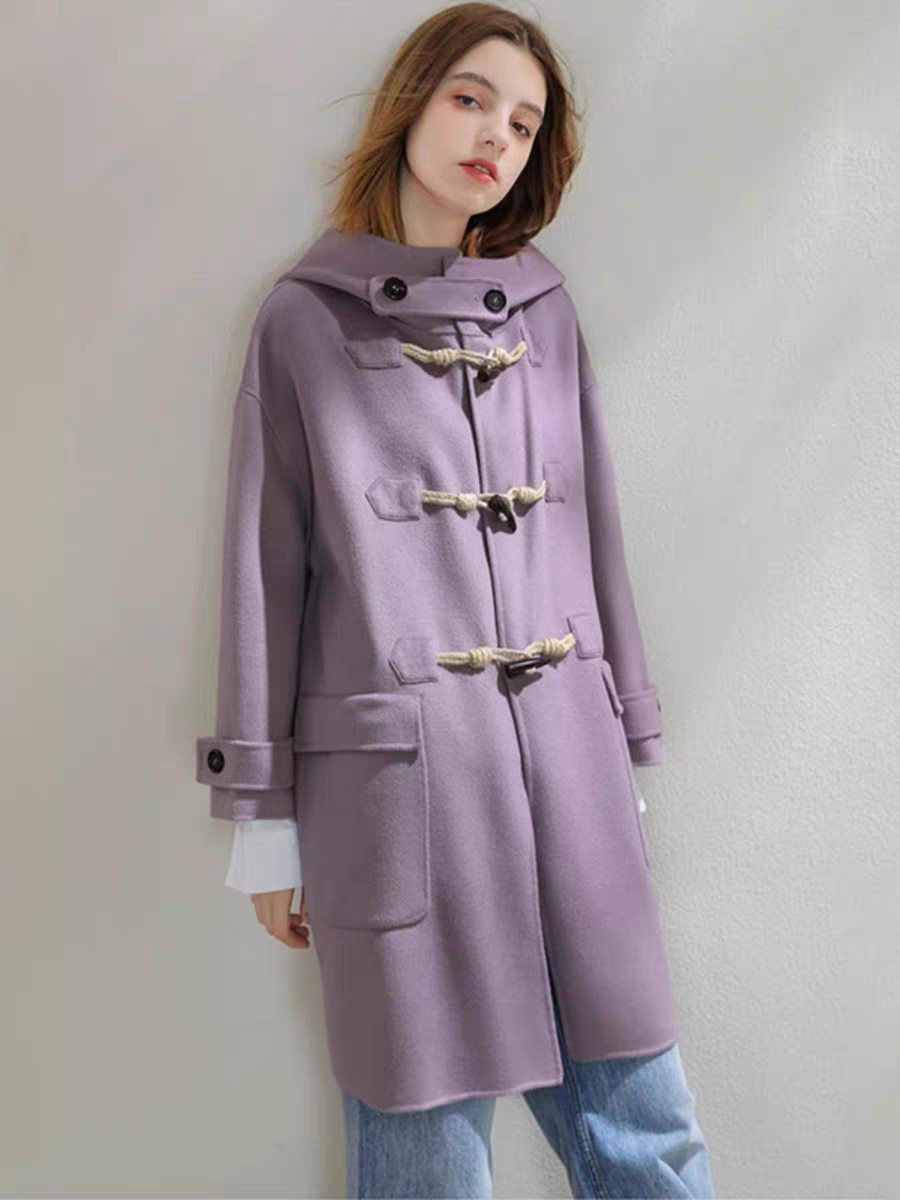 Miccbeirn秋冬连帽纯羊毛双面呢休闲大衣牛角扣毛呢外套女装