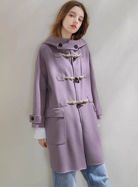 Miccbeirn秋冬连帽纯羊毛双面呢休闲大衣牛角扣毛呢外套女装