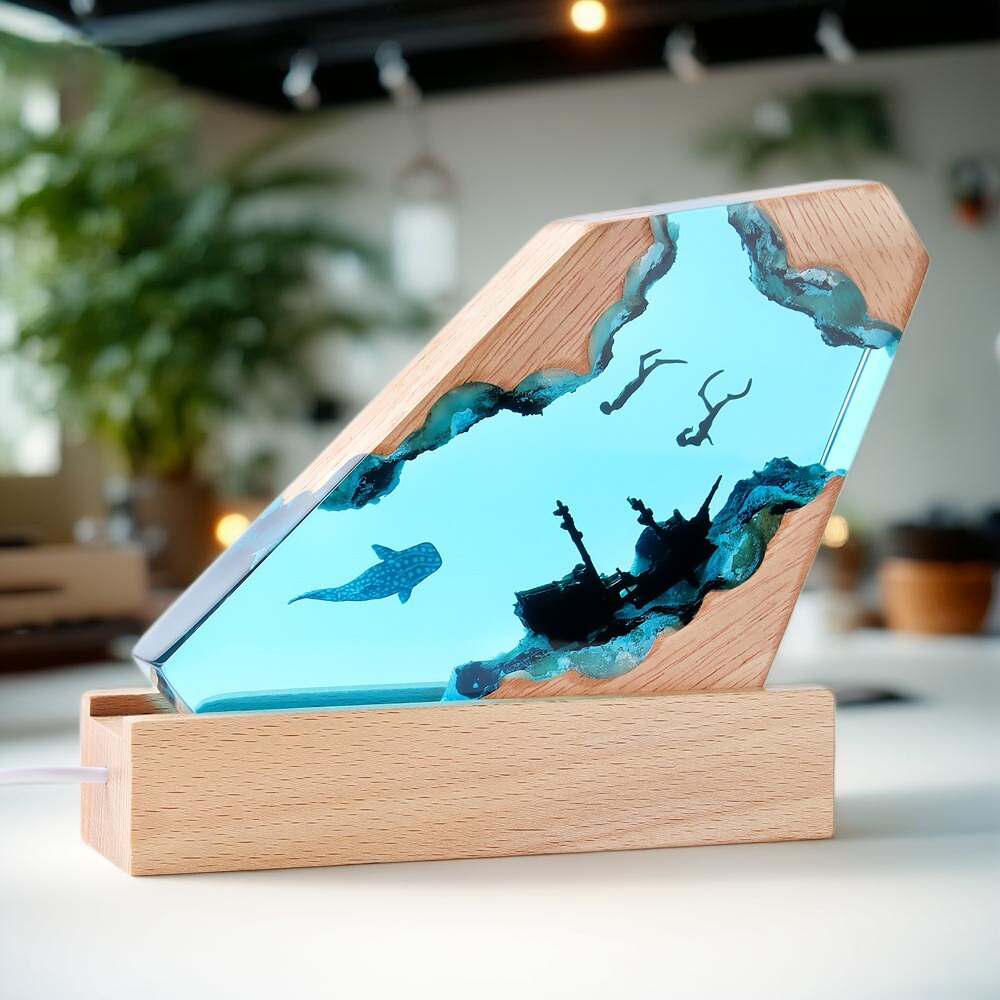 海洋创意树脂灯摆件海底世界仿水晶实木艺琥珀小夜灯鲸鱼沉船模型