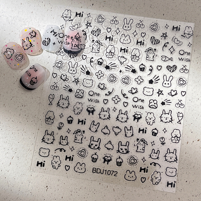 卡通小兔子涂鸦爱心美甲贴纸