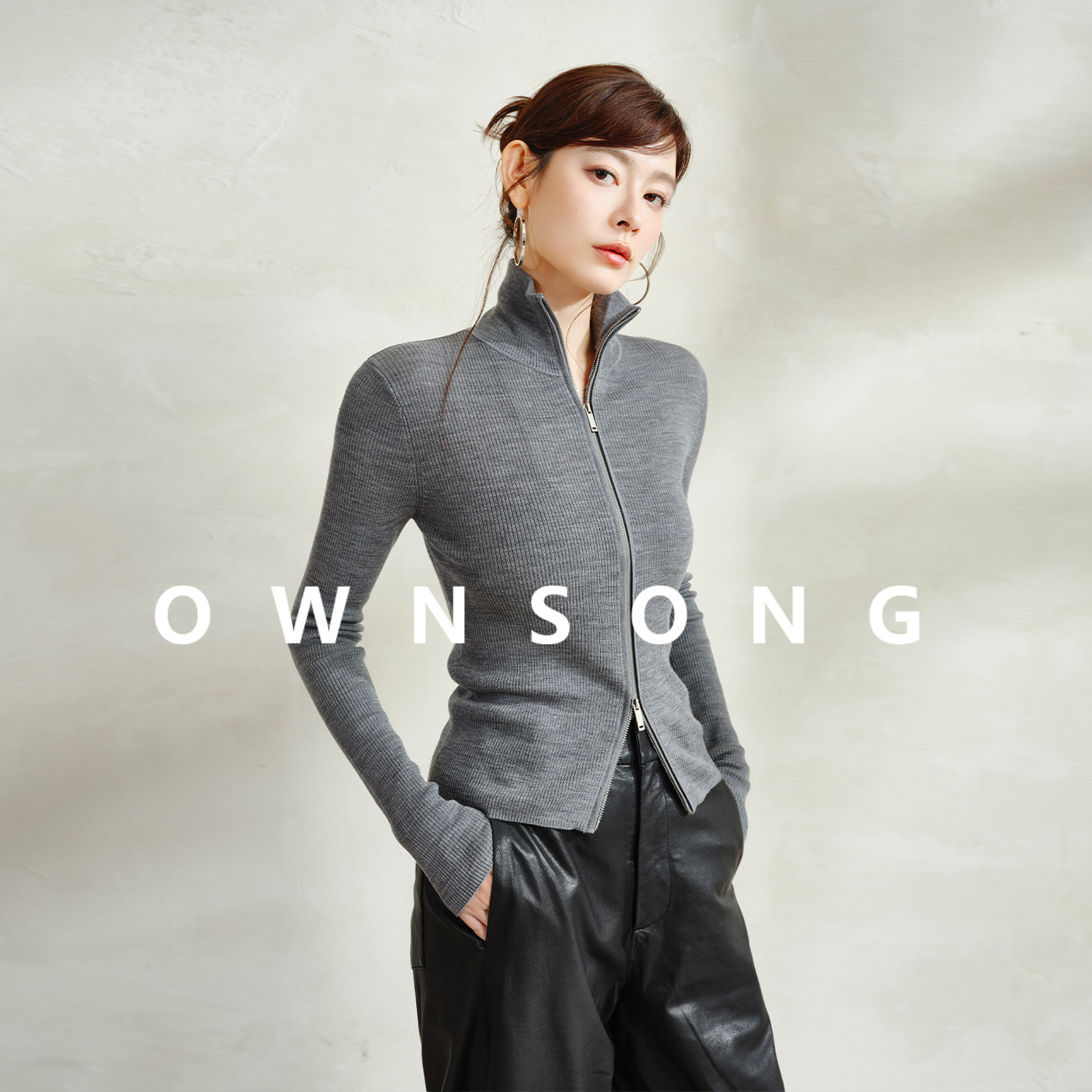 OWNSONG超然飒爽 扬子纯羊毛针织开衫女秋冬双拉链修身毛衣打底衫