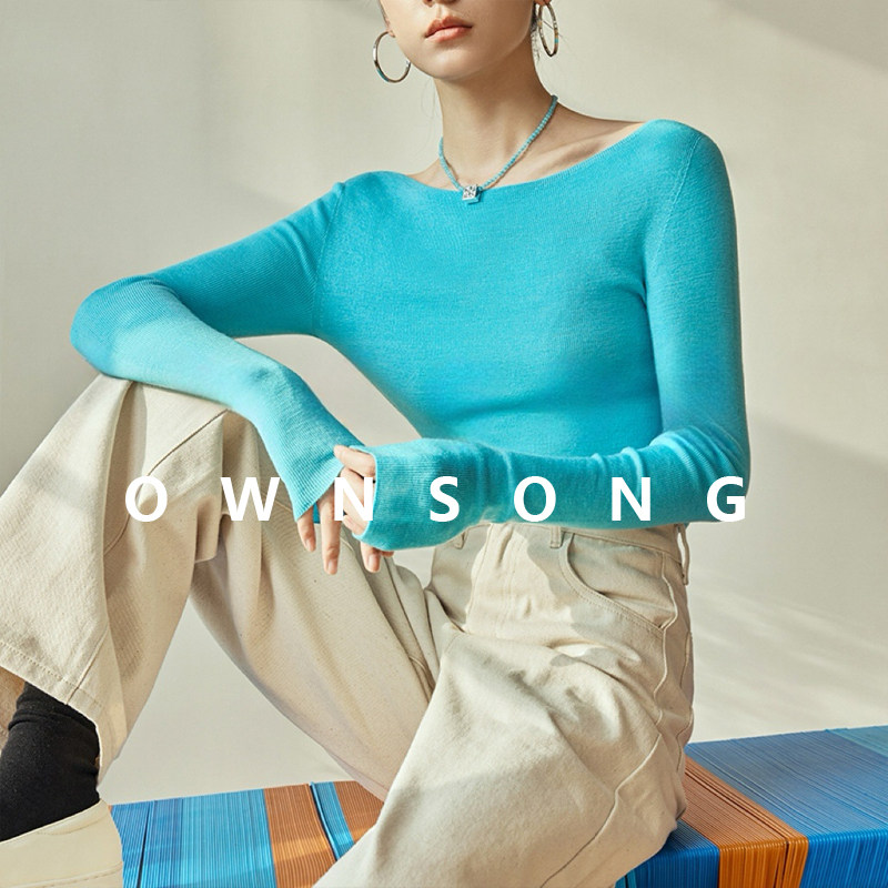 OWNSONG薄款无缝一体18针120支一字船领修身美丽诺羊毛针织打底衫