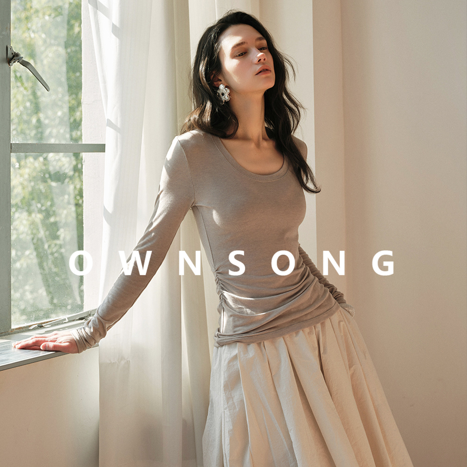 OWNSONG纤体芭蕾T恤 天丝羊毛纯色U领打底衫女26春季简约内搭长袖