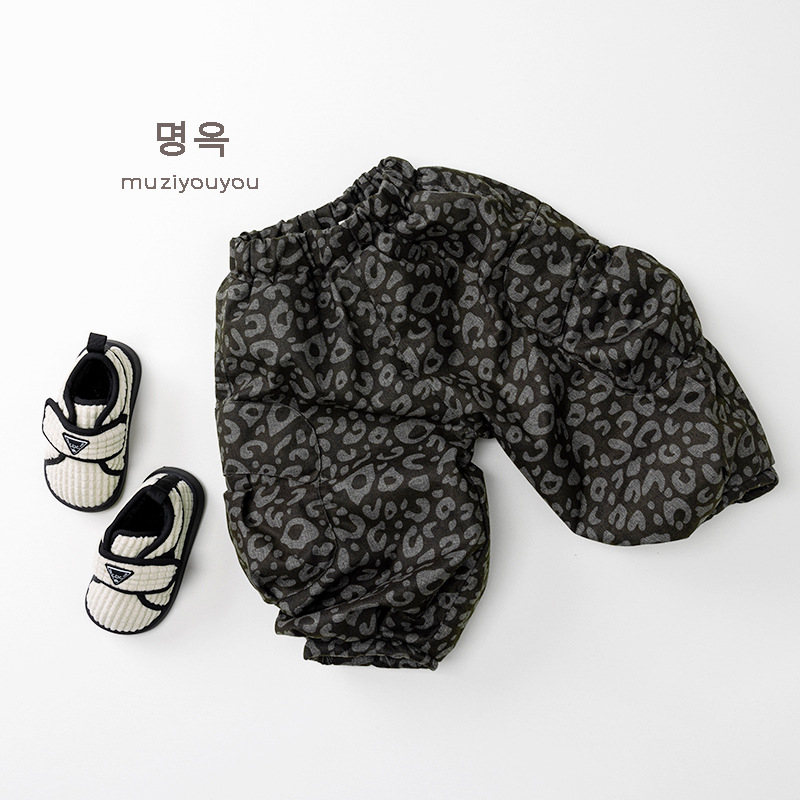 儿童豹纹加绒厚裤子小童保暖外穿裤冬季新款男女宝宝日韩