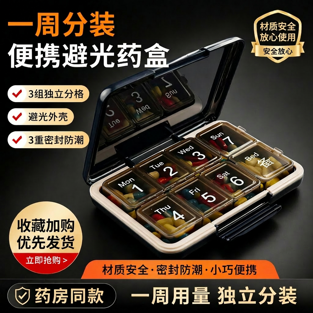 药盒便携式药品分装盒七天分药器密封老年人用防潮避光旅行分药盒