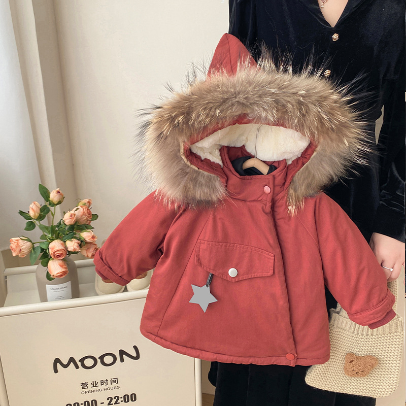 韩系五角星宝宝棉服2023新款女童加绒加厚派克棉服宝宝冬装外套