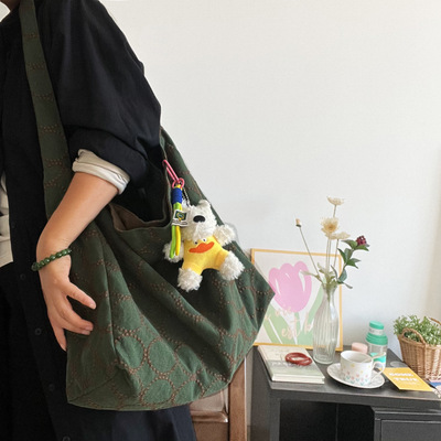 日系大hobo包皆川明风棕绿圈圈棉麻重工刺绣单肩包大容量托特包