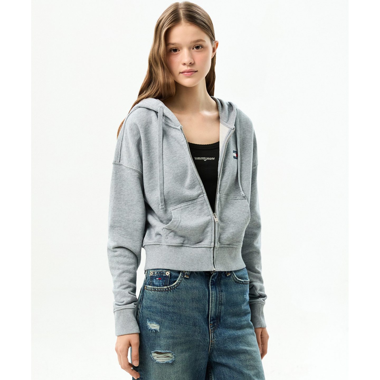 TOMMY女款连帽拉链抽绳短款卫衣