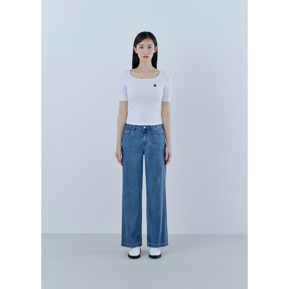 韩国代购GUESS女款凉感宽松阔腿牛仔裤夏季中蓝裤装