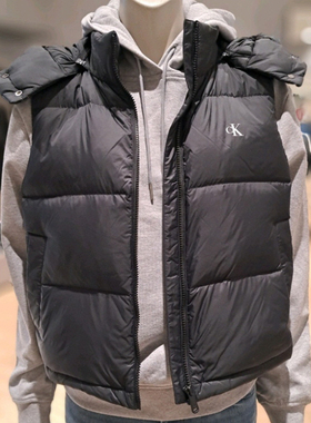 CK JEANS韩国代购25秋女士休闲通勤印花鸭绒连帽羽绒背心47D500G