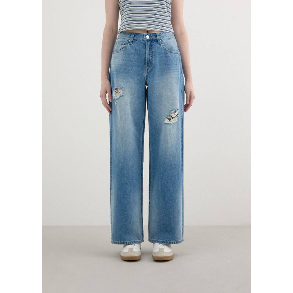 韩国代购26春夏GUESS女士纯棉复古破洞宽腿中蓝色牛仔裤YQ2D6095