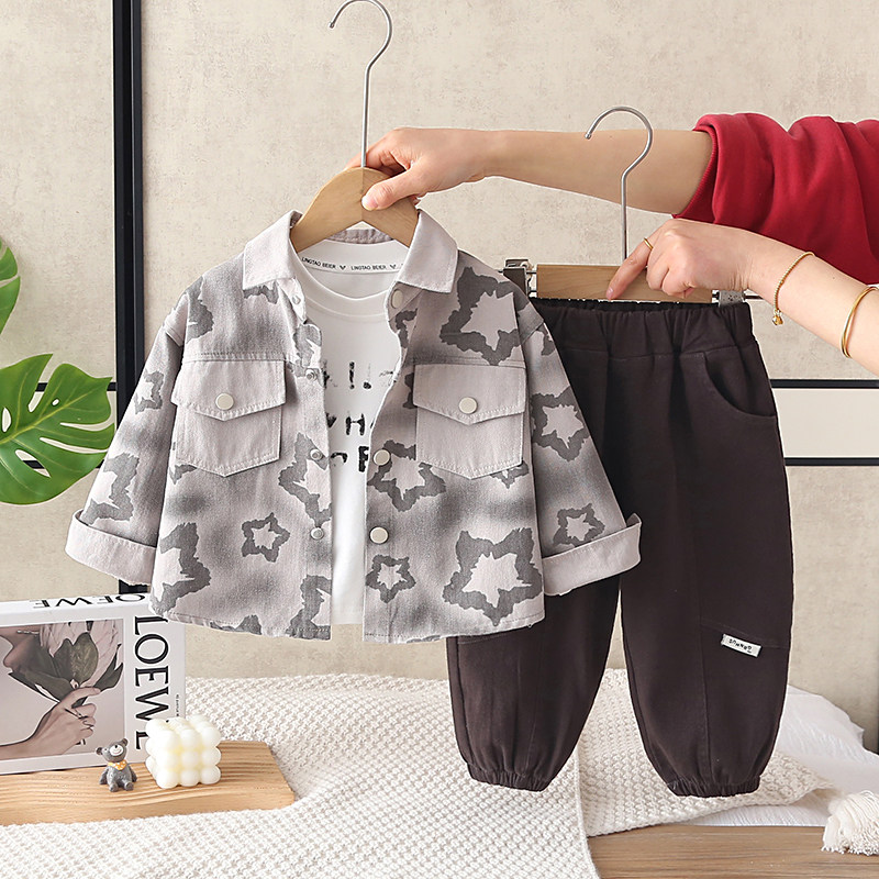 男童春装套装韩范痞帅儿童洋气穿搭婴儿衣服男宝宝春秋衬衫三件套