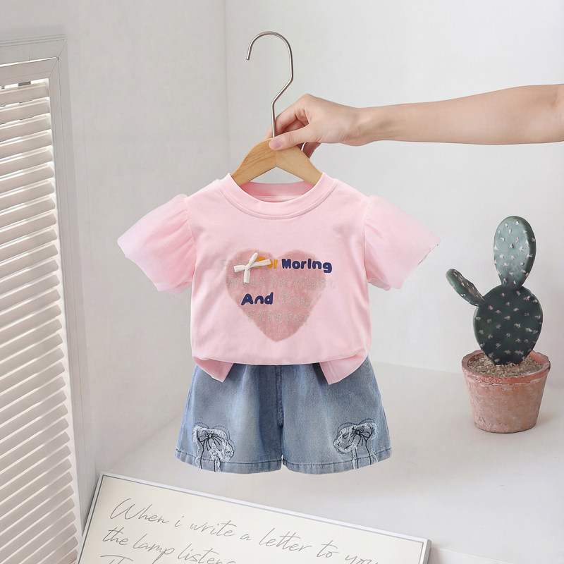 女童套装2026夏季新款韩版女宝宝洋气爱心短袖T恤牛仔短裤两件套