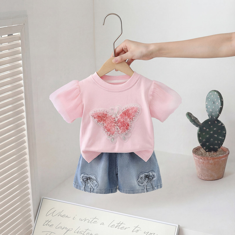 女童套装2026夏季新款韩版女宝宝洋气蝴蝶结短袖牛仔短裤两件套潮