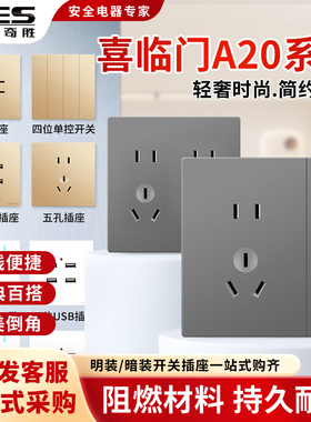 粤奇胜A20灰色86型开关插座面板一开二三插带USB口多孔家用暗装