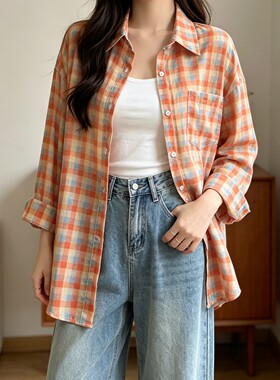 美式复古橙色格纹Polo领轻薄衬衫女夏季慵懒独特宽松防晒长袖上衣