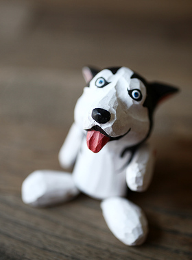 匠人手作手工雕刻木雕哈士奇zakka小动物摆件木质小玩意木制工艺