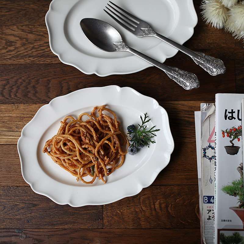 陶瓷椭圆形花边盘子菜盘日式复古家用甜品盘碟子餐具意面点心盘