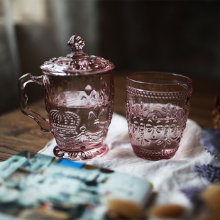 浮雕彩色 透明玻璃杯 zakka杂货欧式 水杯 果汁杯子 怀旧 复古杯子