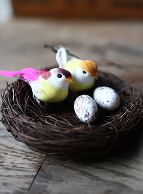 藤编鸟窝鸟巢鸟蛋小鸟摆件复古创意可爱动物小玩意拍摄道具装饰品